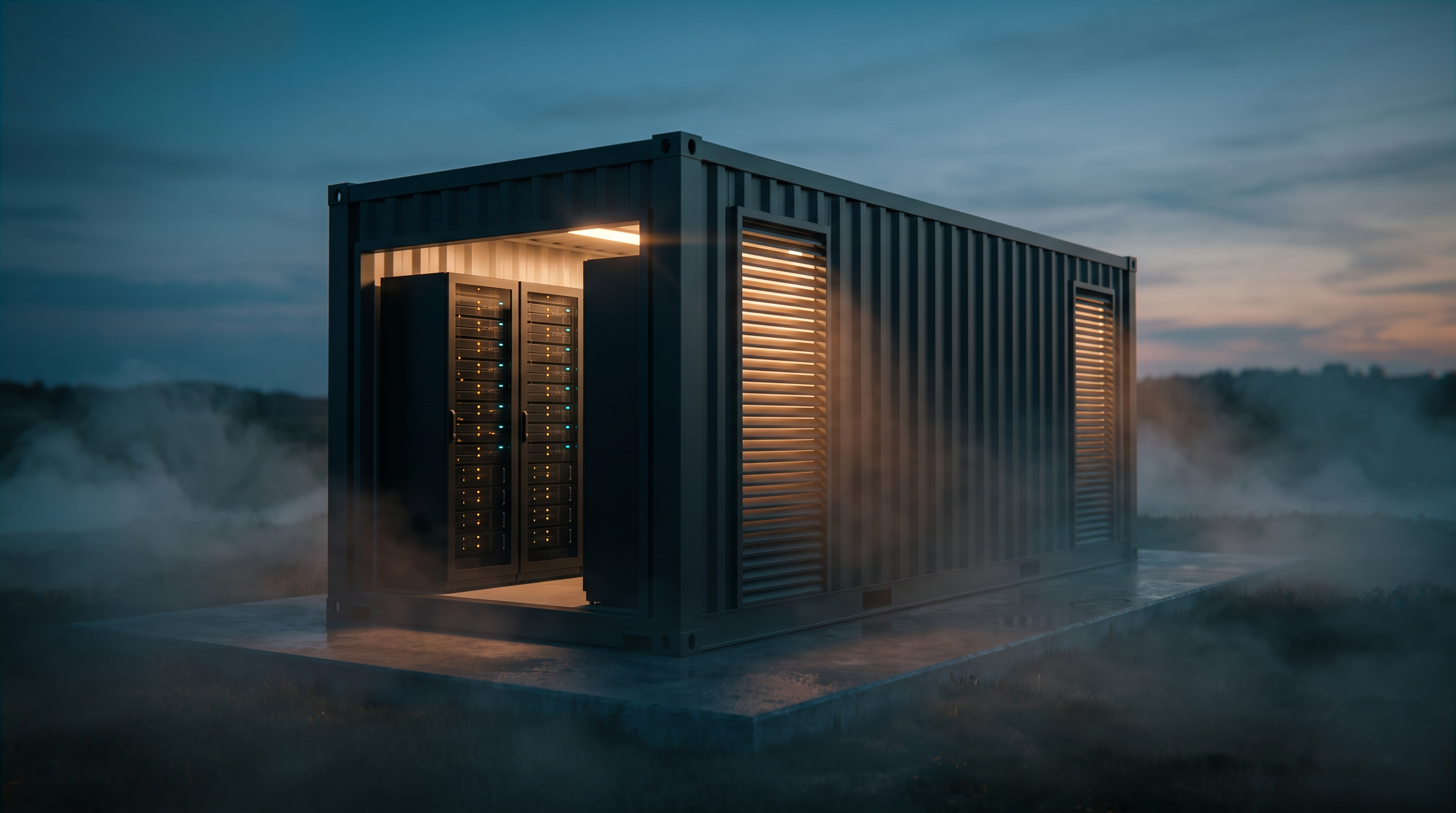 An EliteMicro Services modular micro data center at dusk